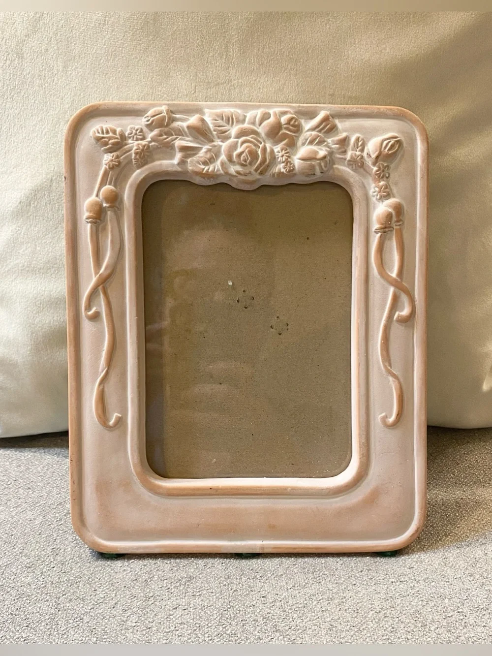 Vtg 1990s Whitewashed Terracotta Raised Roses Flowers Ceramic Picture Frame